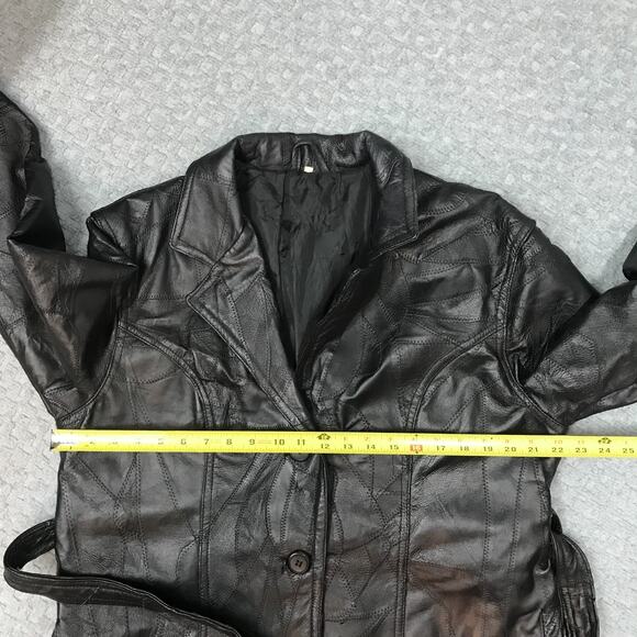 Leather Coat Mens Medium Black Belted Patchwork Trench Genuine Leather Overcoat - Picture 15 of 16